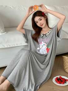 DAZY 猫咪印花宽松短袖女士睡袍睡衣
