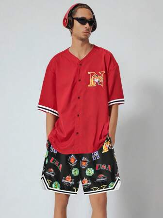 Prep Conjunto de camisa de manga corta y pantalones cortos casuales con estampado de animales y letras para hombre