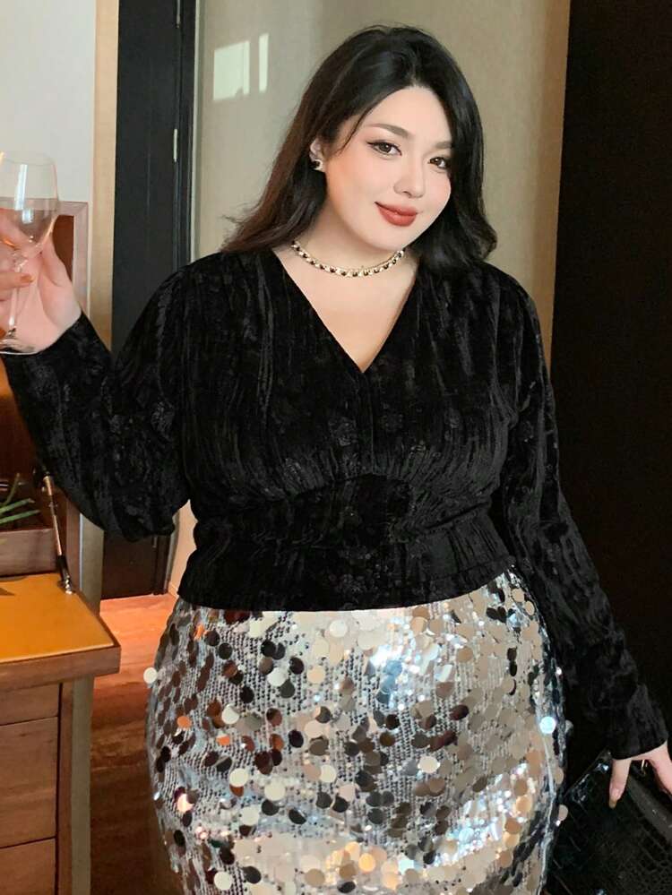 Dazy Plus Plus Size Velvet V-Neck Lantern Sleeve Cropped Blouse, Spring/Summer/Autumn