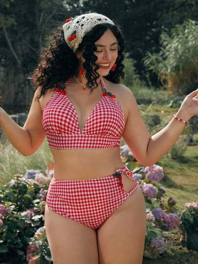 Swim Mod Bộ đồ bơi bikini 2 mảnh cỡ lớn cho nữ có họa tiết quả anh đào dễ thương, eo có dây rút có thể điều chỉnh và thiết kế nơ, cho kỳ nghỉ hè ở bãi biển
