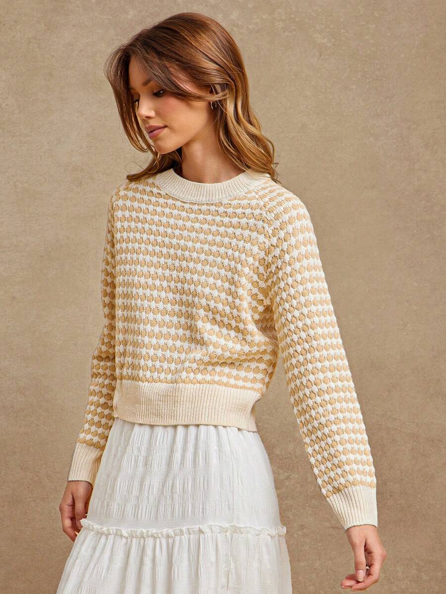 WESTFADE Summer Two Tone Colorblock Contrast Pattern Geo Jacquard Crewneck Long Sleeve Sweater Western Wear Women - Multicolor - View 1