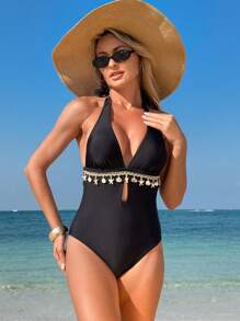 SHEIN Swim Đồ bơi một mảnh hở lưng gợi cảm cho nữ, màu trơn - màu đen - Xem 6