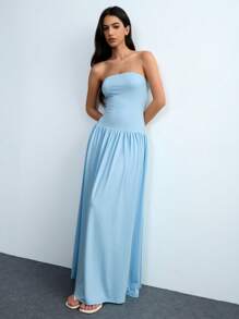 Chiquease 女式简约抹胸褶饰拼接紧身连衣裙，优雅春夏装 - 藍色 - 查看 1