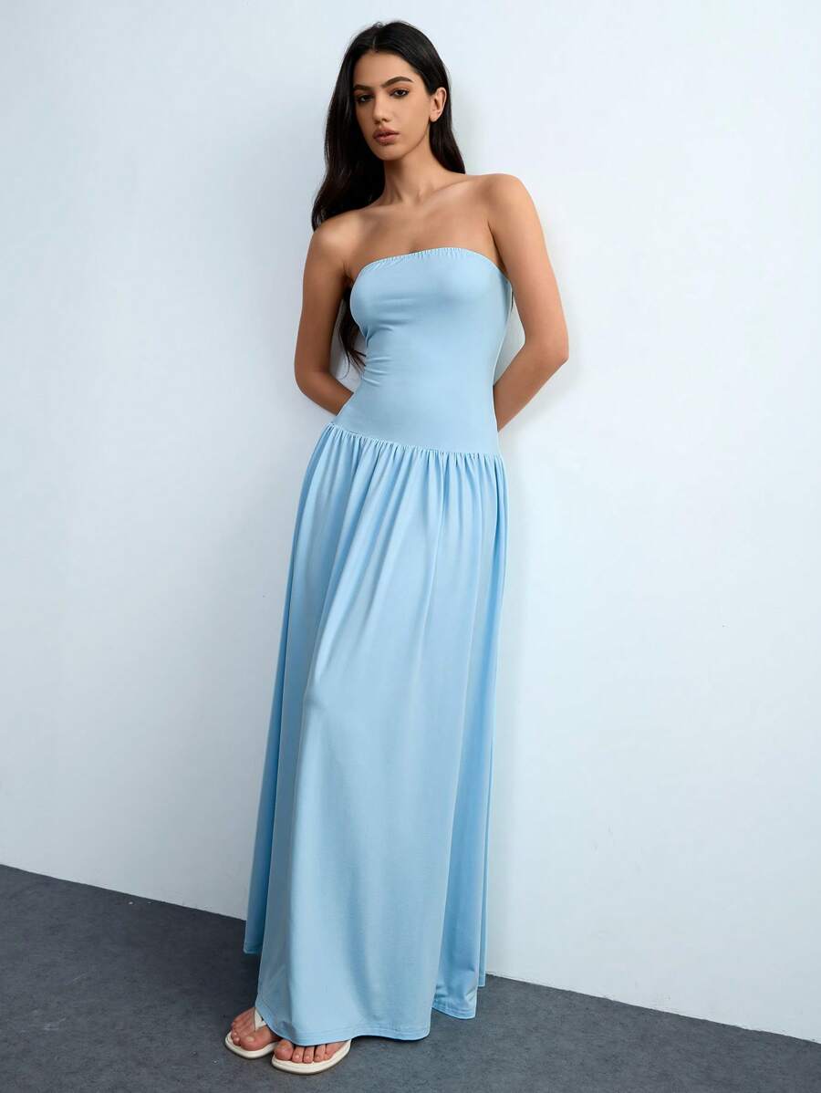 Chiquease 女式简约抹胸褶饰拼接紧身连衣裙，优雅春夏装 - 藍色 - 查看 1