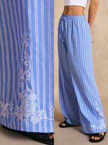 Poéselle Women Casual Striped Floral Embroidered Wide Leg Pants - Blue and White - View 1