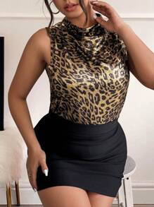 Calvaya Plus Size Stand Collar Sleeveless Leopard Print Casual Top, Everyday Wear