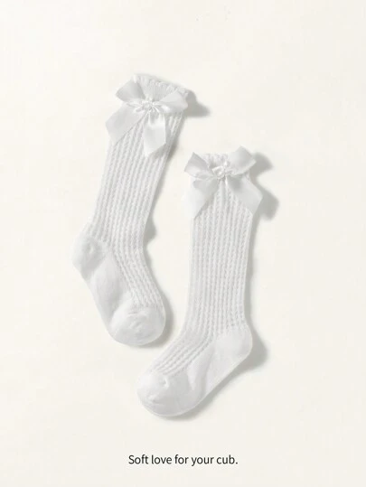 Cozy Pixies 1 双婴儿/幼儿女孩蝴蝶结装饰棉质网眼及膝袜，春夏