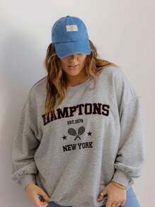 Aralina Sudadera de cuello redondo de manga larga con diseño gráfico de felpa gris talla grande Hamptons Tennis Curve
