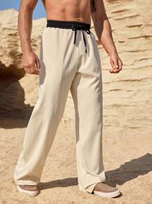Manfinity Homme Pantalones rectos casuales para hombres con cintura de cordón y contraste de color