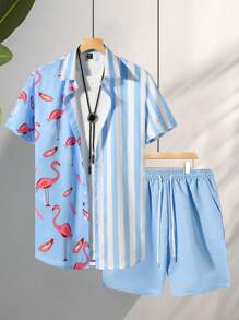 Manfinity RSRT Men's Flamingo Stripe Single Breasted Short Sleeve Shirt And Shorts Holiday Casual Set - Blue - View 3