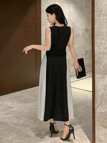 DAZY Women's Contrast Color Ruffle Hem Round Neck Sleeveless Midi Dress Prom Dress Sundress,Formal Women Dresses Elegant Women Dresses - Black - View 3