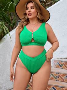 SHEIN Swim Curve 2pcs Plus Size Women Solid Gold Buckle Decor Simple Bikini Swimwear, Casual Holiday, For Summer Beach Vacation