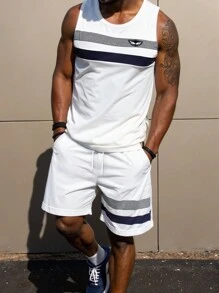 Manfinity Homme 男士休閒夏季兩件式短套裝，白色條紋拼接背心與短褲套裝，INS風格度假海灘穿搭，適合男朋友或丈夫，假日穿著 - 彩色 - 查看 9