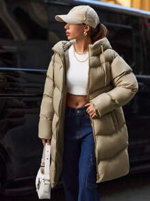 EURMUSE Zip Up Long Padded Coat With Hoodie Keeping Warm - Beige - View 1