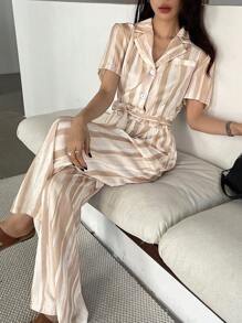 DAZY Combinaison courte avec ceinture et col de blazer rayée, pour femmes - Kaki - Voir 3