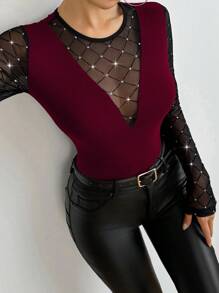 SHEIN Clasi Women's Elegant Round Neck Party Crystal Embellished Splice Long Sleeve T-Shirt, Autumn/Winter