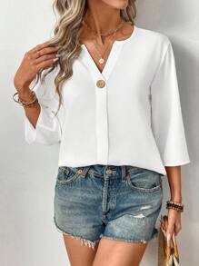 SHEIN LUNE 女士纯色 V 领前排纽扣休闲通勤简约衬衫