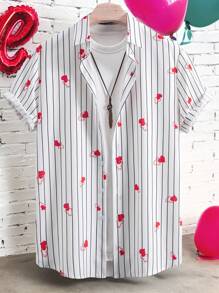 Manfinity Homme Camisa casual de manga corta de una sola botonadura con rayas en forma de corazón para hombre