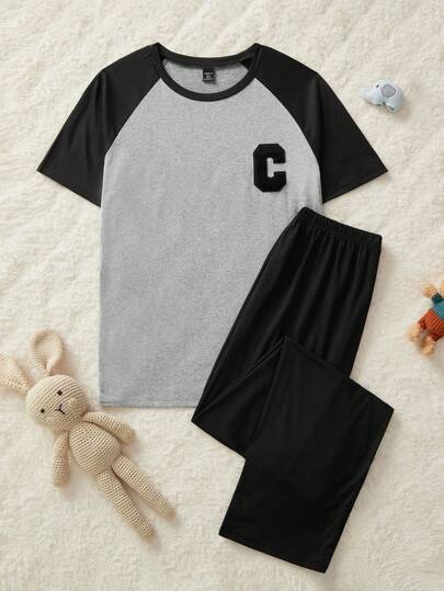 Teen Boy Letter Print Raglan Sleeve Short Sleeve Top And Pants Pajama Set