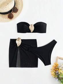SHEIN Swim 3 Pieces Set Metallic Gold Decor Bandeau Bra, Swimshort And Mini Skirt, Solid Color Summer Beach Bikini Swimwear For Women - Black - View 4