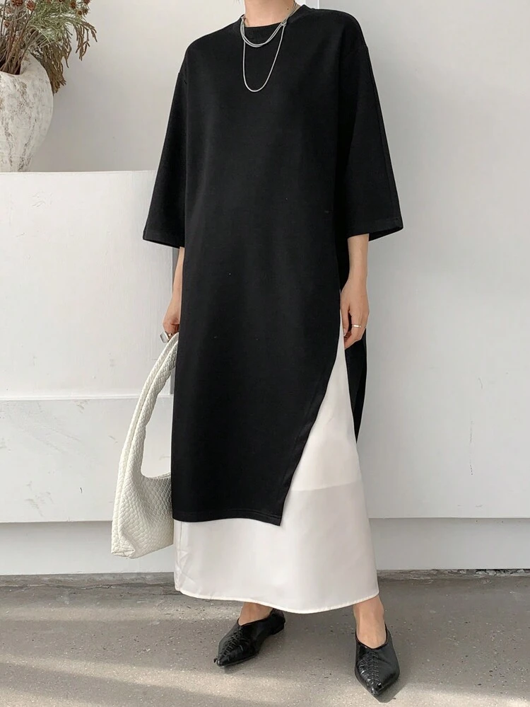 2pcs Women Business Casual High Slit Asymmetric Chiffon Dress Suit Set