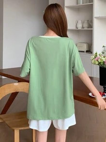 DAZY 2pcs Women Oversized Letter Print Short Sleeve Loungewear Set Pajama - Green - View 2