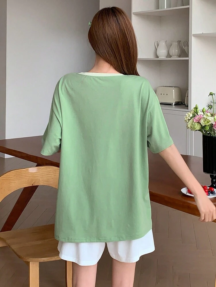 2pcs Women Oversized Letter Print Short Sleeve Loungewear Set Pajama