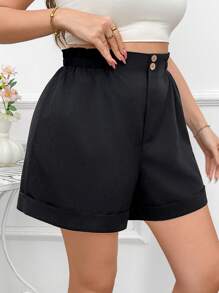 SHEIN LUNE Plus Size Ruffled Detail Elastic Waist Shorts - Black - View 5