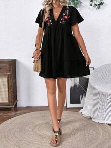 Breezaya Women V-Neck Short Sleeve Pleated Simple Casual Short Embroidered Doll Dress - Black - View 6