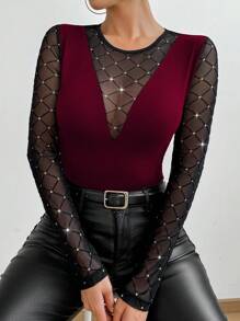 SHEIN Clasi Women's Elegant Round Neck Party Crystal Embellished Splice Long Sleeve T-Shirt, Autumn/Winter