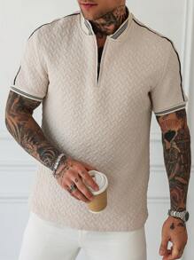 Manfinity Homme Men's Striped And Graphic Print Half Zip Casual Short Sleeve Polo Shirt - Apricot - View 3