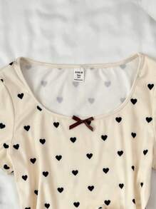 SHEIN Leap Crew 少女夏季杏色针织 BM 纯色女童爱白色蝴蝶结图案圆领紧身上衣和针织紧身收褶短裤两件套，干净的女童/剪裁/蝴蝶结/夏装/夏季可爱衣服 - 杏色 - 查看 6