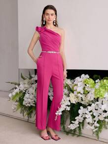 MOTF PREMIUM STEREO FLORAL ONE SHOULDER JUMPSUIT - Hot Pink - View 1