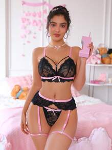 PetitDoll Set de lencería sexy de 5 piezas para mujer sin aros de encaje