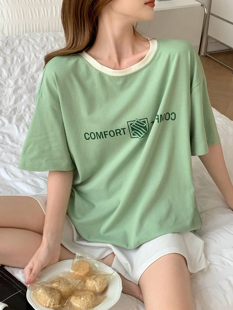 2pcs Women Oversized Letter Print Short Sleeve Loungewear Set Pajama