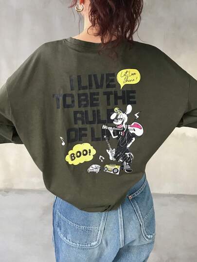 FRIFUL Women's Casual Round Neck Short Sleeve T-Shirt With Large Graphic Print On Back Long Sleeve Women Tops