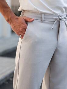Manfinity Homme Men's Solid Color Front Button Drawstring Casual Pants, Daily Wear - Light Grey - View 3
