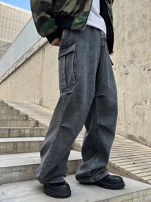 Manfinity EMRG Men's Cargo Pocket Loose Wide Leg Casual Jeans - Grey - View 7