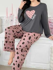 Conjunto de pijama de manga larga y pantalón largo con estampado de corazón y "Amor" de leopardo para el Día de San Valentín en talla grande