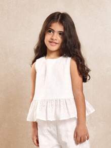 SUMWON Mädchen Sommer Lochstickerei Zweiteiler mit Peplum ärmelloser Bluse und weiter Hose, Urlaubsoutfit für Strand, Party im Frühling - Weiss - Übersicht 5