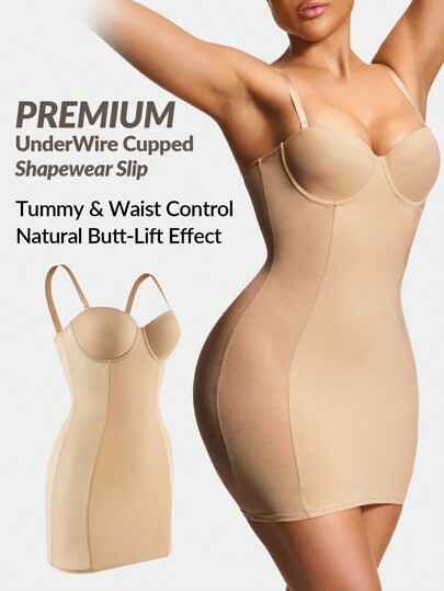 Shapelle Forme Shaping Underwire Cupped Shapewear Slip Dress Body Shaper Bust& Butt Lifter-Tummy Waist Thigh Control