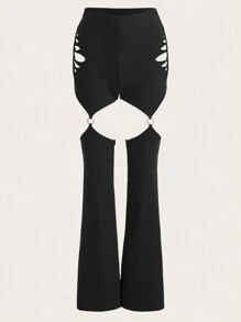 ROMWE PUNK 頹廢搖滾鏤空O形環細節喇叭褲 - 黑色 - 查看 4