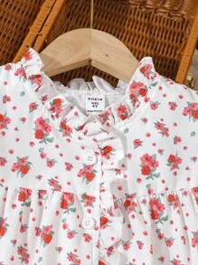 2pcs Young Girl Casual Elegant Ruffle Trim Ditsy Floral Pattern Short Sleeve Blouse And Long Pants Homewear Set - Pink - View 4