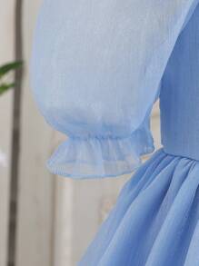 Young Girl Graceful Solid Color Bubble Sleeve Mesh A-Line Dress, Elegant Design