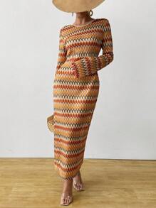 Breezaya Regenbogenmuster Häkel-Optik Maxikleid