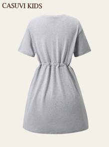 SHEIN Explorewe 1 件女童学院风针织舒适短袖腰可调节连衣裙，全新夏季系列 - 灰色 - 查看 4