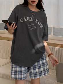 DAZY 2pcs Women's Loose Plaid Shorts Sleepwear Set With English Letter Print Pajama - Grey - View 5