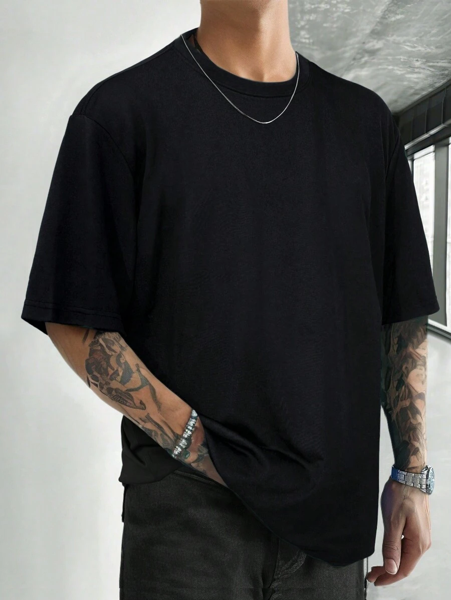 Manfinity Homme Loose Fit Men's Solid Color Round Neck Short Sleeve Casual T-Shirt - Black - View 1