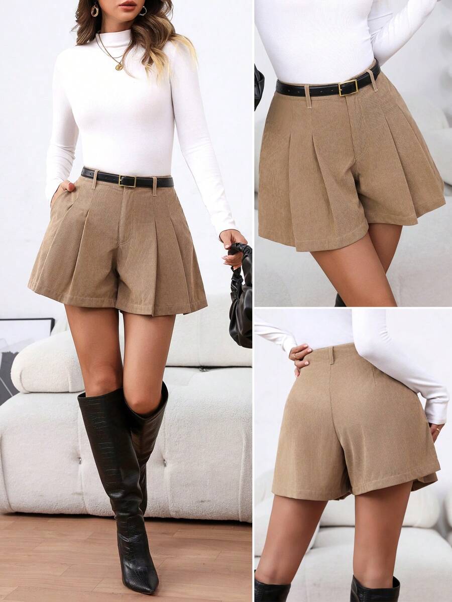 女士灯芯绒休闲短裤，简约时尚日常穿着 - 卡其色 - 查看 1