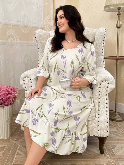 CottageSlumber CottageSlumber Camisón de talla grande con cuello en V, volantes y estampado floral, vestido de dormir cómodo y elegante